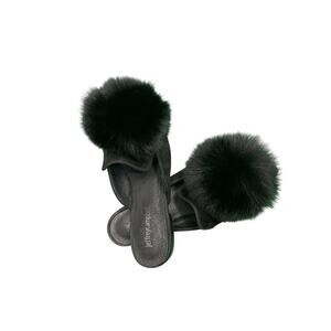 Jeffrey Campbell black  leather mules pointed toe decorative fur pom-poms 7.5